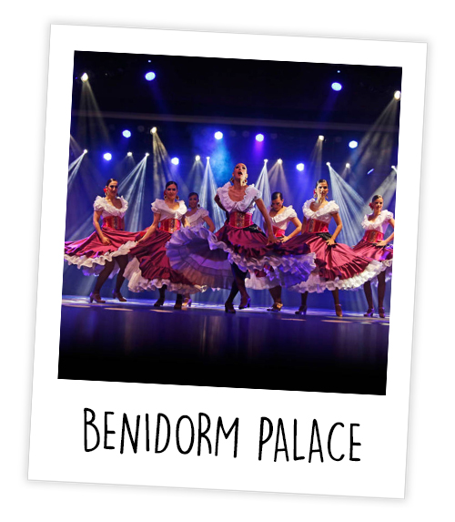 A Polaroid of some can can dancers standing on stage which is captioned with Benidorm Palace