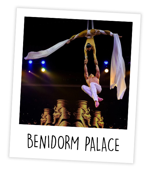 A Polaroid of a man and a woman doing Ariel acrobatics which is captioned with Benidorm Palace