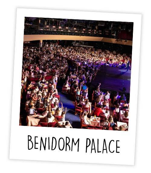 A Polaroid of a big audience sitting at tables in the Benidorm Palace which is captioned with Benidorm Palace