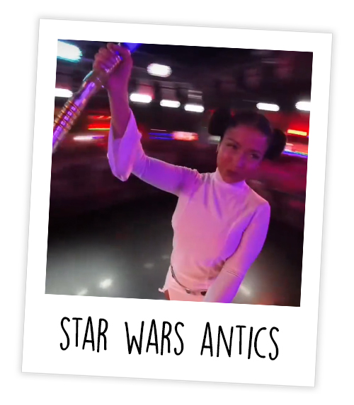 A Polaroid of Princess Leia who is spinning around with a blurred background