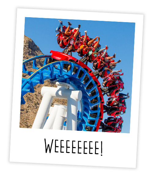 A Polaroid of a group of people on a suspended rollercoaster which is going upside down with the caption Weeeeeee!
