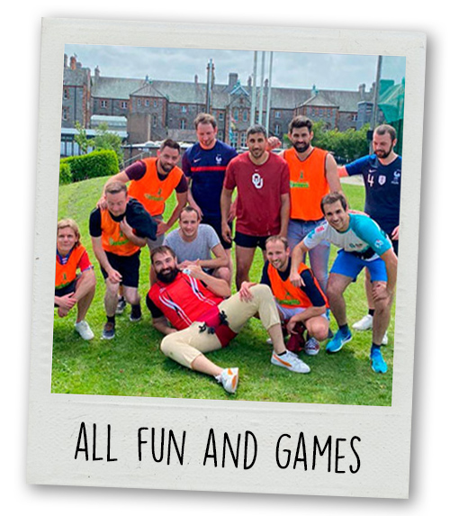 A Polaroid of a stag do group doing the Gaelic Games with the caption All Fun And Games