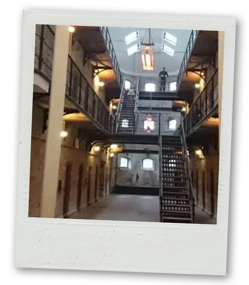 A Polaroid of the inside of the jail themed escape room which is based in a real jail