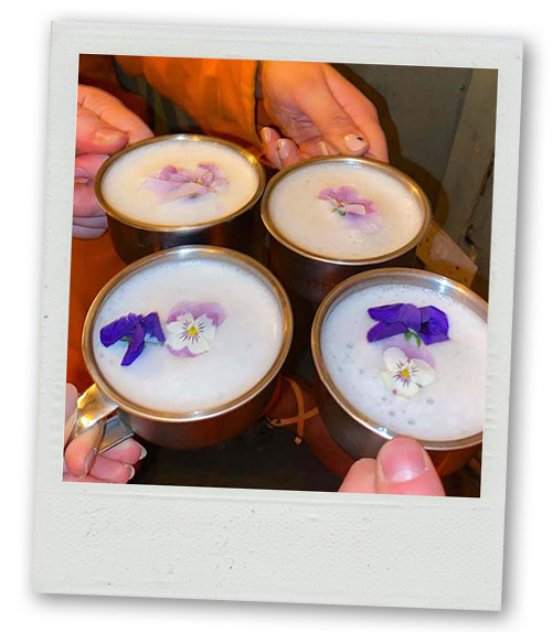 A Polaroid of four cocktails that are decorated with white and purple flowers