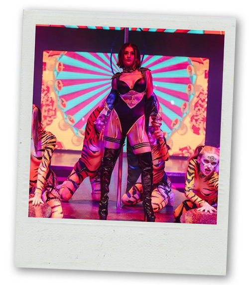A Polaroid of a female performer in underwear and thigh high boots with several other performers on the floor dressed as tigers 