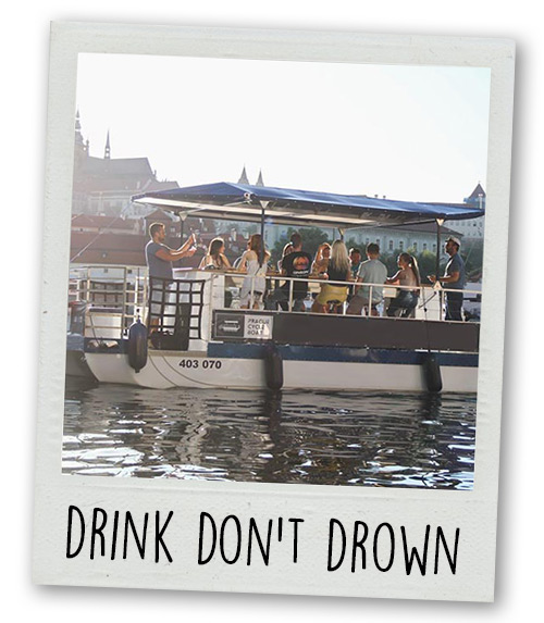 A Polaroid of a beer pedal boat with the caption Drink Don't Drown