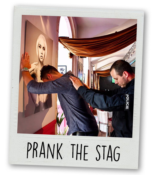 A Polaroid of a stag do prank where a stag is getting arrested