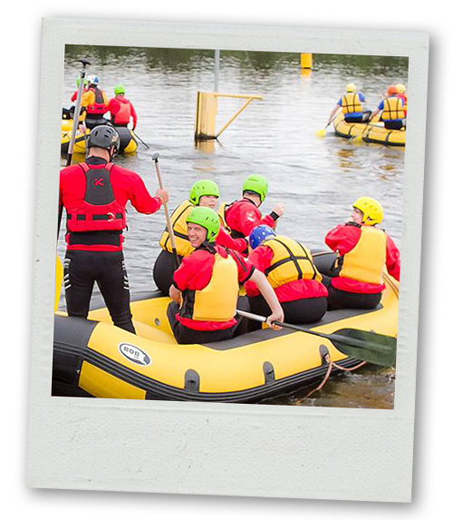 A Polaroid of several little groups of people white water rafting