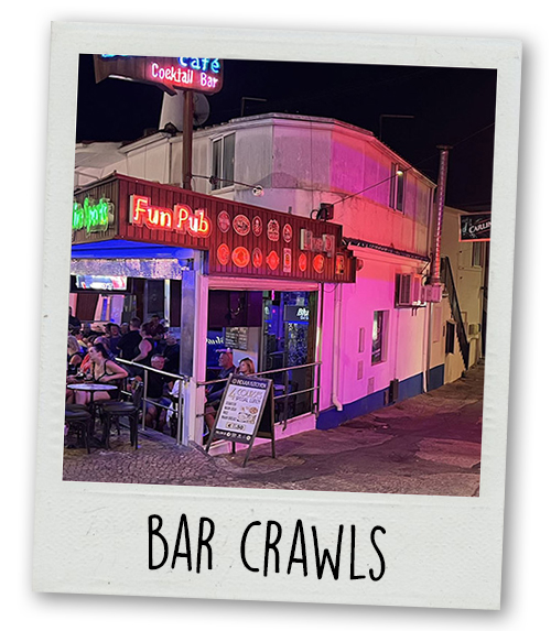 A Polaroid of a bar on The Strip with the caption Bar Crawls