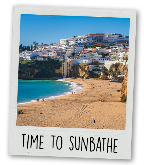 A Polaroid of a beach in Albufeira with the caption Time To Sunbathe