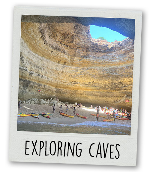 A Polaroid of the Benagil caves with the caption Exploring Caves