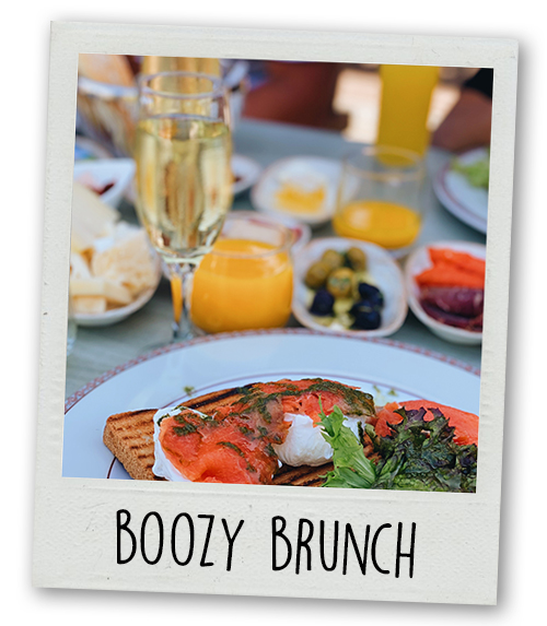 A Polaroid of a brunch dish and a glass of prosecco with the caption Boozy Brunch