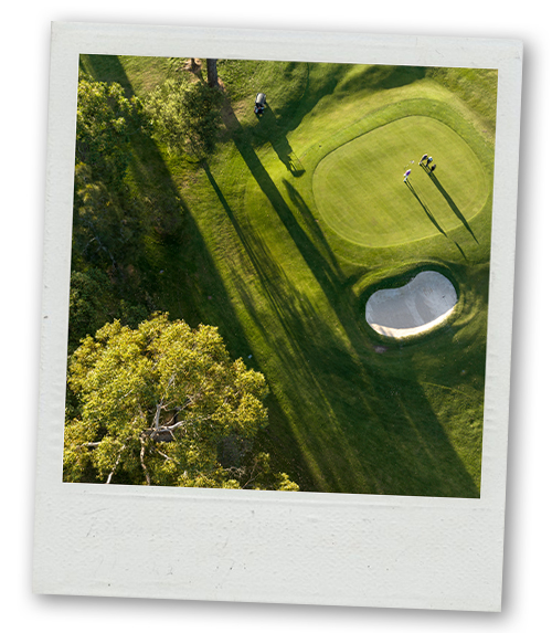 A Polaroid of a birds-eye view of a golf course