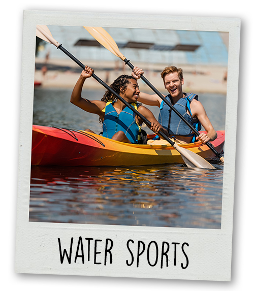 A Polaroid of a man and a woman kayaking with the caption Water Sports