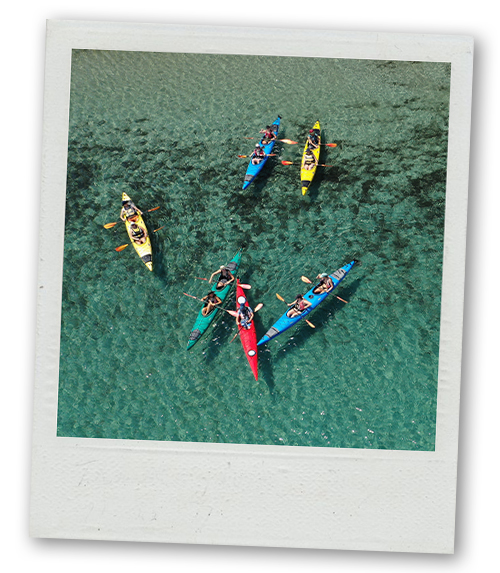 A Polaroid of a birdseye view of people kayaking