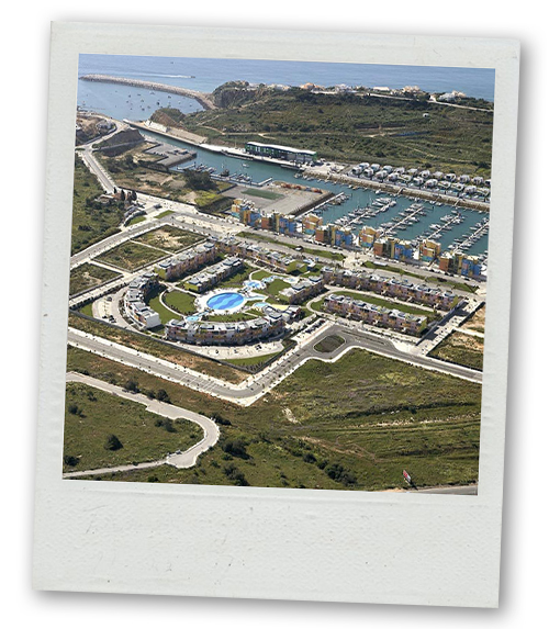A Polaroid of a birdseye view of Albufeira's marina