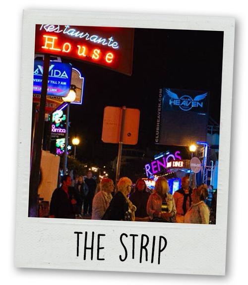 A Polaroid of some bars found on the strip with the caption The Strip