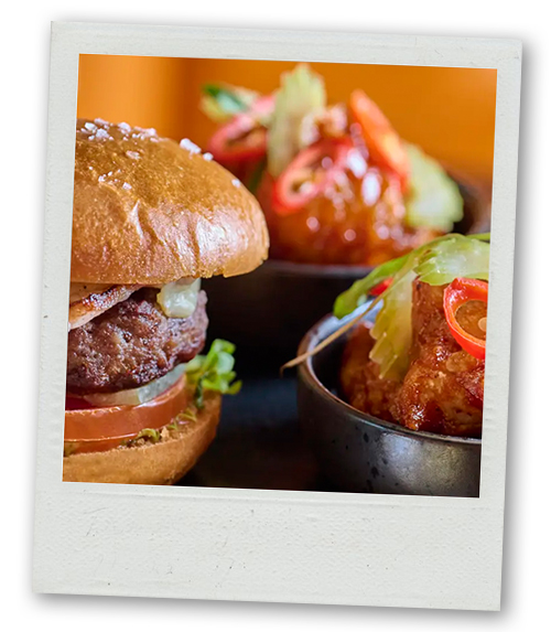 A Polaroid of a burger and some chicken