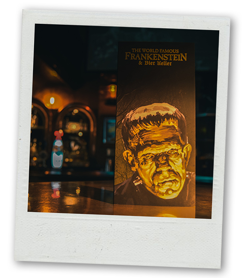 A Polaroid of a drinks menu that has Frankstein on it