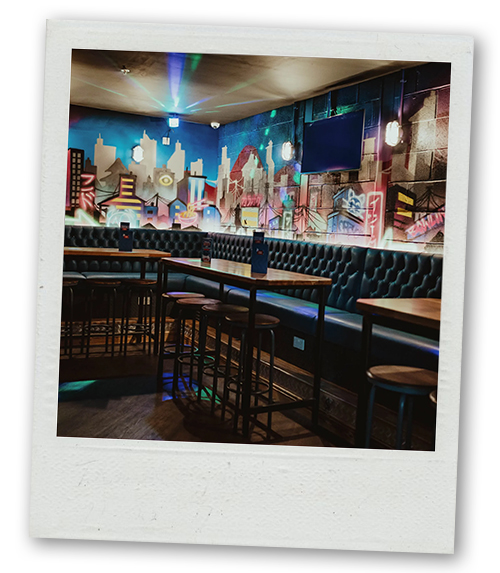 A Polaroid of the bar area at Roxy Lanes