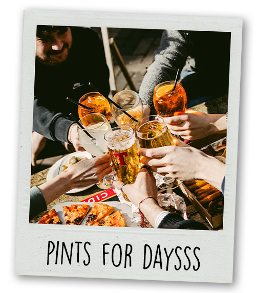 A Polaroid of a group of people clinking glasses at the Three Sisters with the caption Pints For Daysssssss