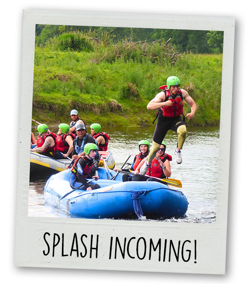A Polaroid of a stag do group doing white water rafting with the caption Splash Incoming