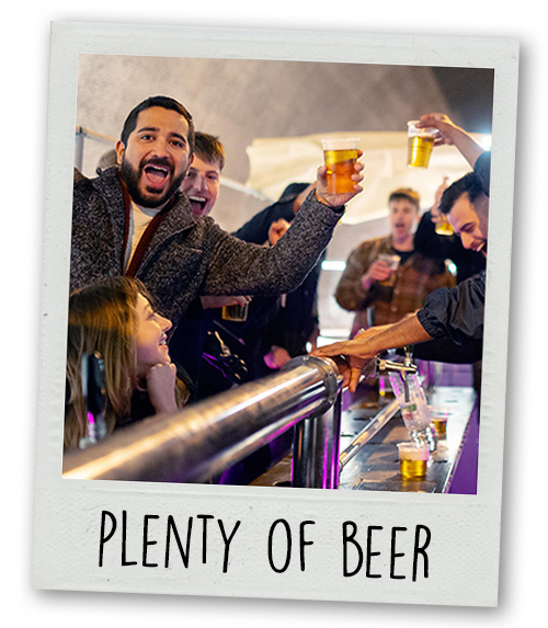 A Polaroid of a group of men on the beer bus with the caption Plenty of Beer