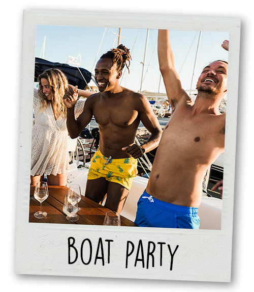 A Polaroid of three people stood on a boat with drinks with the caption Boat Party