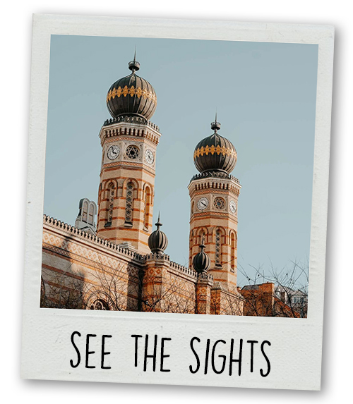 A Polaroid of a historic building in the Jewish Quarter with the caption See The Sights