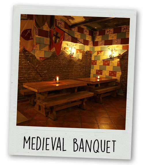 A Polaroid of a medieval looking restaurant with the caption Medieval Banquet