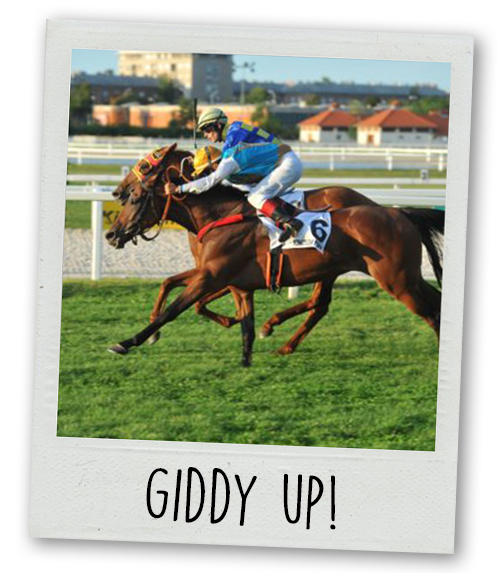 A Polaroid of a jockey horse racing with the caption Giddy Up