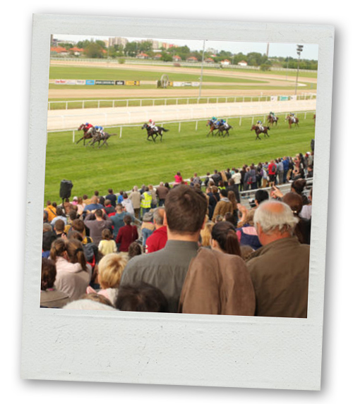 A Polaroid of a horse race taking place