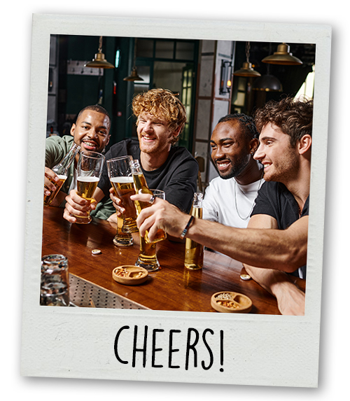 A Polaroid of a stag do group on a bar crawl with the caption Cheers
