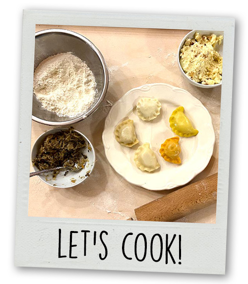 A Polaroid of some dumplings with the caption Let's Cook