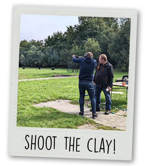 A Polaroid of a man doing clay pigeon shooting with the caption Shoot The Clay