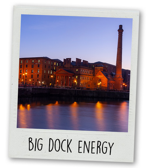 A Polaroid of Albert Dock just as the sun is setting with the caption Big Dock Energy