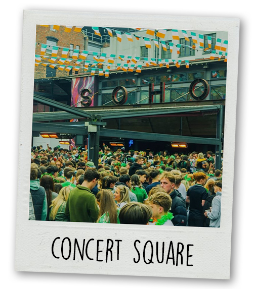 A Polaroid of Soho's beer garden in Concert Square with the caption Concert Square