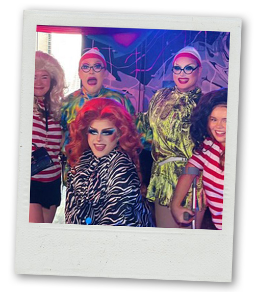 A Polaroid of drag queens dressed up as Where's Wally