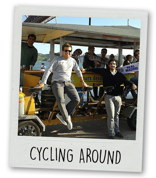 A Polaroid of a stag do group posing on a beer bike with the caption cycling aound
