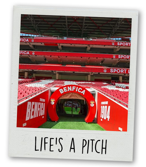 A Polaroid of the Benfica stadium with the caption life's a pitch