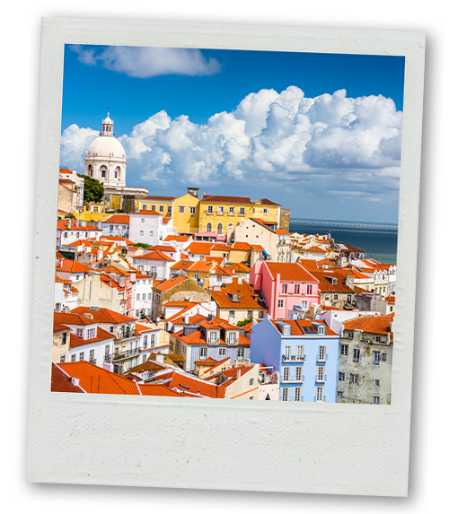 A Polaroid of some houses in Lisbon that has been taken from a height