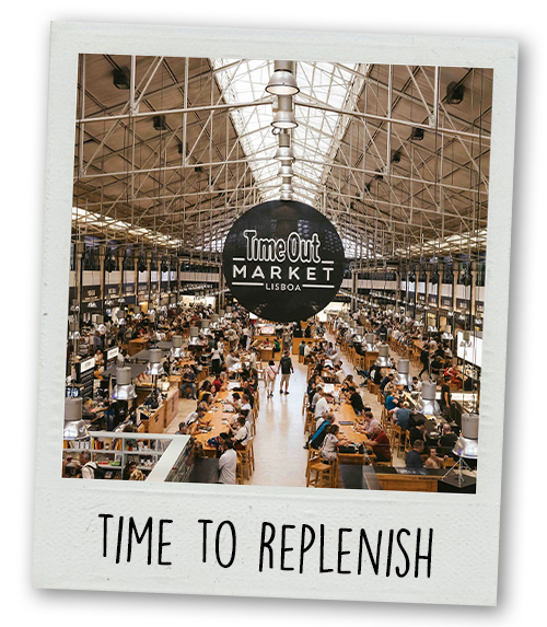 A Polaroid of TimeOut Market which is full of people enjoying food and captioned with Time to Replenish