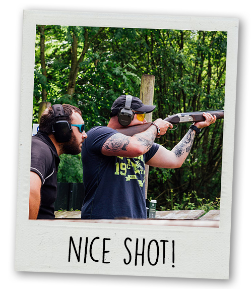 A Polaroid of a man doing clay pigeon shooting with the caption Nice Shot
