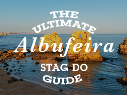 A picture of the coast in the Algarve with the text The Ultimate Albuferia Stag Do Guide layered over it 