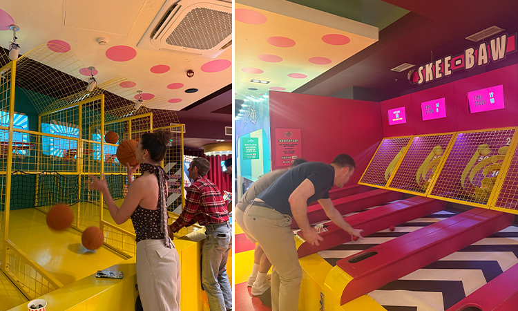 A split image of a woman and a man playing a basketball arcade game and two men playing skee baw