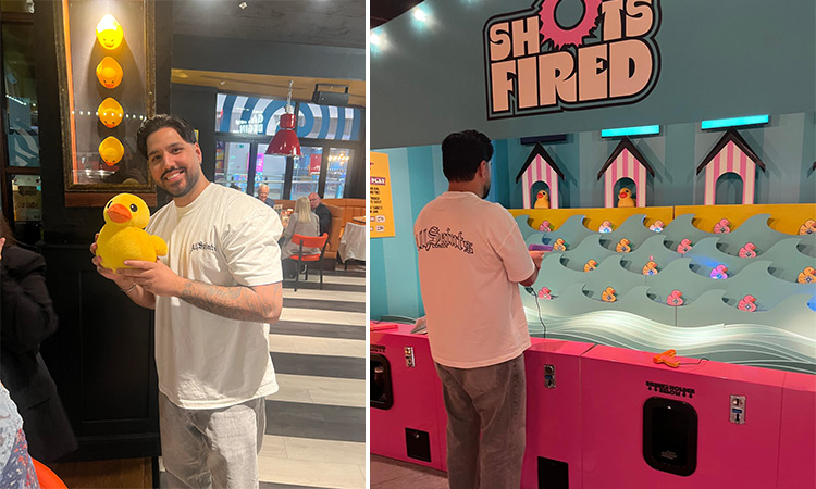 A split image of a man holding a cuddly duck toy with the other image being the same man playing a duck shooting arcade game to win the duck toy