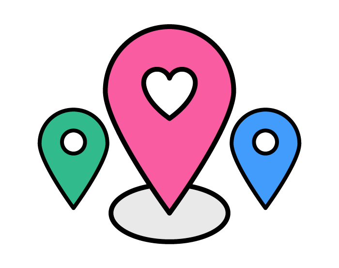 An illustration of three location pins