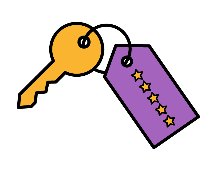 An illustration of a hotel key with a keyring