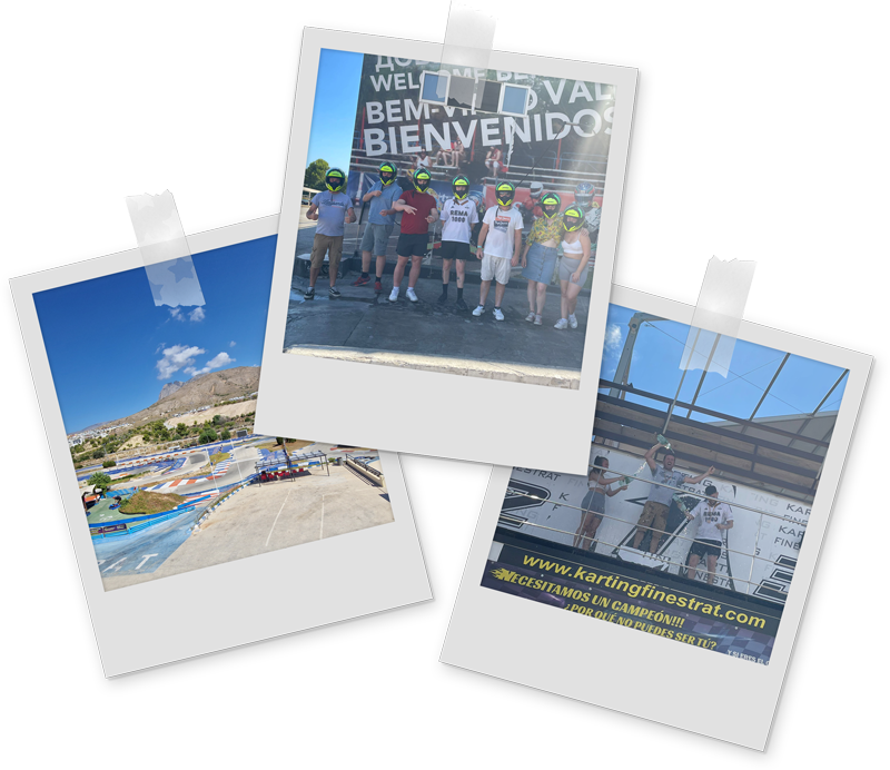 Three images of Team LNOF in Benidorm, at the go karting track with helmets on and three winners celebrating on a podium