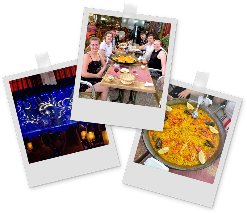 Three images of Team LNOF in Benidorm, enjoying a huge paella and watching Benidorm Palace show